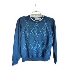 Alfred Dunner Petite Size "PL" Blue Floral Embroidery Quilted Diamond Patterns